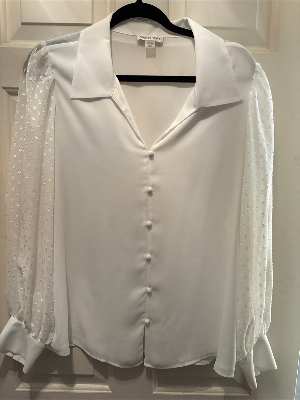 Calvin Klein White Button-Front Blouse with Sheer Dot Sleeves